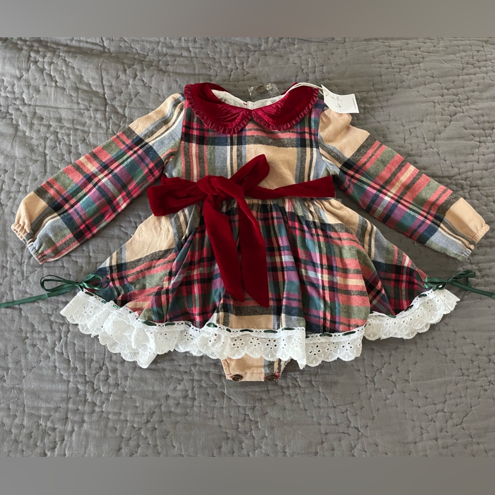 NWT Love + Grow Perfectly Plaid Skirted Romper Christmas Dress Sz 4T Velvet Trim
